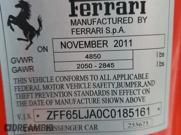 2012 Ferrari California z VIN ZFF65LJA0C0185161, wystawiony jako Copart lot #54987374 z przebiegiem 35 280 mil mil oraz . Historia ofert i sprzedaży dostępna na DreamBid. Obrazek 12.
