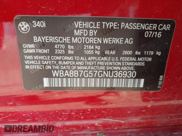 2016 BMW 3 Series 340i xDrive with VIN WBA8B7G57GNU36930, listed as a IAAI auction lot 42223091 with 86,473 mi miles and . Bid and sale history available at DreamBid. Image 9.