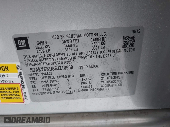 2014 Buick Enclave Premium with VIN 5GAKVCKD8EJ210568, listed as a IAAI auction lot 41651126 with 128,835 mi miles and . Bid and sale history available at DreamBid. Image 9.