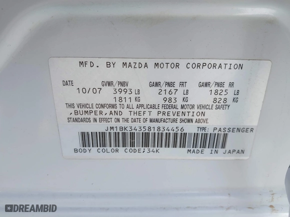 2008 Mazda Mazda3 s Grand Touring with VIN JM1BK343581834456, listed as a IAAI auction lot 41511870 with 135,619 mi miles. Bid and sale history available at carsss.com. Image 9.