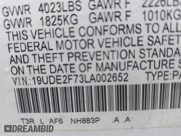 2020 Acura ILX w/Premium Pkg with VIN 19UDE2F73LA002652, listed as a IAAI auction lot 41575686 with 94,172 mi miles. Bid and sale history available at carsss.com. Image 9.