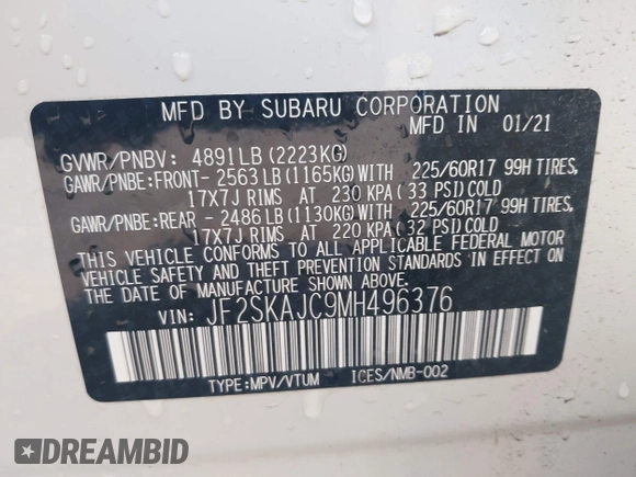 2021 Subaru Forester Premium with VIN JF2SKAJC9MH496376, listed as a IAAI auction lot 42491525 with 25,276 mi miles and . Bid and sale history available at DreamBid. Image 9.