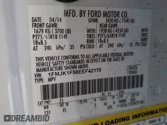 2014 Ford Expedition EL SSV with VIN 1FMJK1F58EEF42170, listed as a Copart auction lot 87568335 with Not Provided miles and Salvage Title. Bid and sale history available at carsss.com. Image 13.