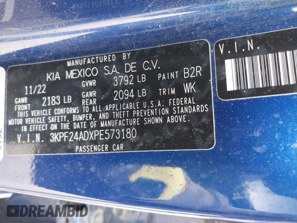 2023 Kia Forte LXS with VIN 3KPF24ADXPE573180, listed as a IAAI auction lot 41877160 with 34,876 mi miles. Bid and sale history available at carsss.com. Image 9.