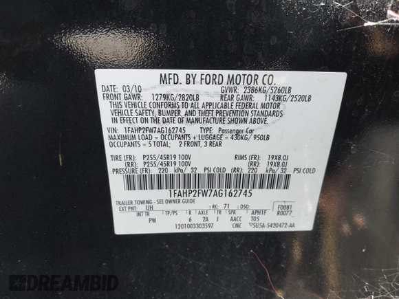 2010 Ford Taurus Limited with VIN 1FAHP2FW7AG162745, listed as a IAAI auction lot 42543455 with 294,602 mi miles and . Bid and sale history available at DreamBid. Image 9.