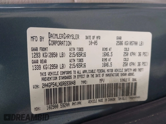 2006 Chrysler Town & Country LWB Touring with VIN 2A4GP54LX6R693048, listed as a IAAI auction lot 41887949 with 187,000 mi miles. Bid and sale history available at carsss.com. Image 9.