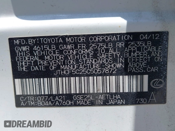2012 Lexus IS 250 with VIN JTHCF5C25C5057872, listed as a IAAI auction lot 42591321 with 148,672 mi miles and . Bid and sale history available at DreamBid. Image 9.