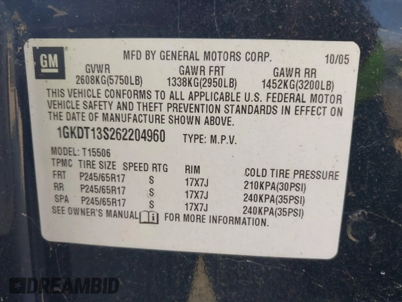2006 GMC Envoy SLE with VIN 1GKDT13S262204960, listed as a IAAI auction lot 42045236 with 183,338 mi miles. Bid and sale history available at carsss.com. Image 9.