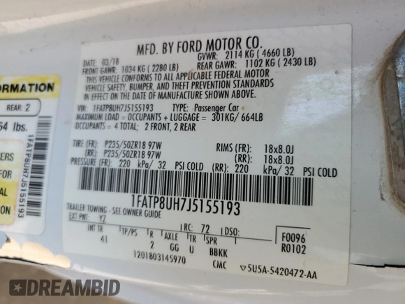 2018 Ford Mustang EcoBoost Premium with VIN 1FATP8UH7J5155193, listed as a Copart auction lot 51280155 with 78,629 mi miles and Salvage Title. Bid and sale history available at carsss.com. Image 12.