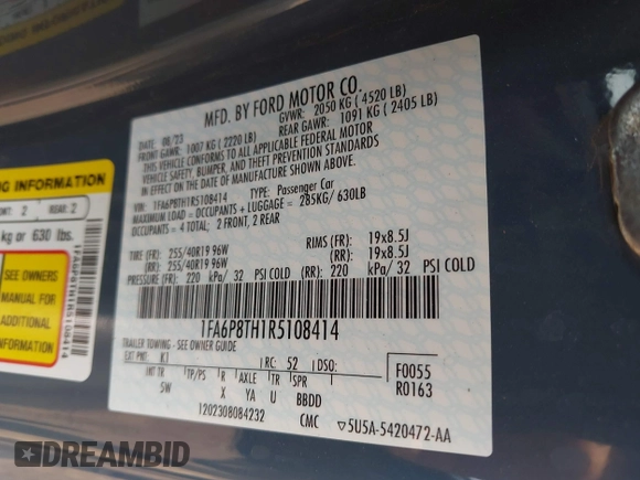 2024 Ford Mustang EcoBoost z VIN 1FA6P8TH1R5108414, wystawiony jako IAAI lot #42216812 z przebiegiem Nie podano mil oraz . Historia ofert i sprzedaży dostępna na DreamBid. Obrazek 9.