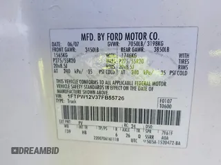 2007 Ford F-150 XLT z VIN 1FTPW12V37FB55726, wystawiony jako IAAI lot #42795768 z przebiegiem Nie podano mil oraz . Historia ofert i sprzedaży dostępna na DreamBid. Obrazek 9.