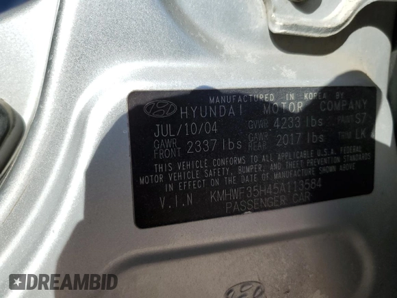 2005 Hyundai Sonata GLS with VIN KMHWF35H45A113584, listed as a Copart auction lot 47126885 with 105,482 mi miles and Salvage Title. Bid and sale history available at carsss.com. Image 12.