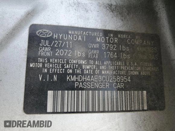 2012 Hyundai Elantra GLS z VIN KMHDH4AE3CU258954, wystawiony jako Copart lot #57435455 z przebiegiem 177 657 mil mil oraz Szkoda całkowita • Salvage title. Historia ofert i sprzedaży dostępna na DreamBid. Obrazek 12.