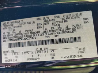 2020 Ford Escape SE Sport Hybrid with VIN 1FMCU9BZ4LUC25970, listed as a IAAI auction lot 42404984 with 102,651 mi miles and . Bid and sale history available at DreamBid. Image 9.