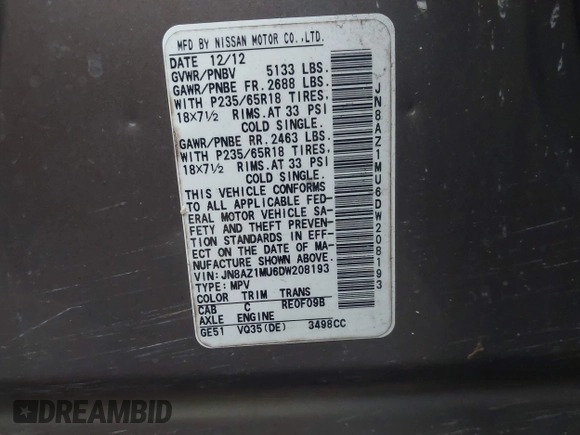 2013 Nissan Murano LE with VIN JN8AZ1MU6DW208193, listed as a IAAI auction lot 41959119 with Not Provided miles and . Bid and sale history available at DreamBid. Image 9.