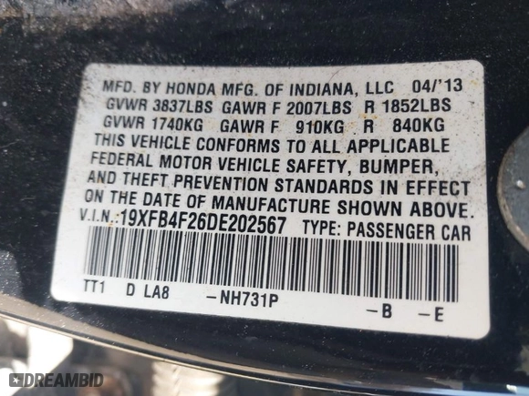 2013 Honda Civic Hybrid with VIN 19XFB4F26DE202567, listed as a IAAI auction lot 42008434 with 201,871 mi miles. Bid and sale history available at carsss.com. Image 9.