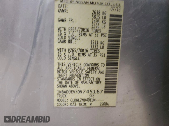 2013 Nissan Frontier SV z VIN 1N6AD0EV7DN745167, wystawiony jako Copart lot #52401475 z przebiegiem 176 034 mil mil oraz Szkoda całkowita • Salvage title. Historia ofert i sprzedaży dostępna na DreamBid. Obrazek 14.