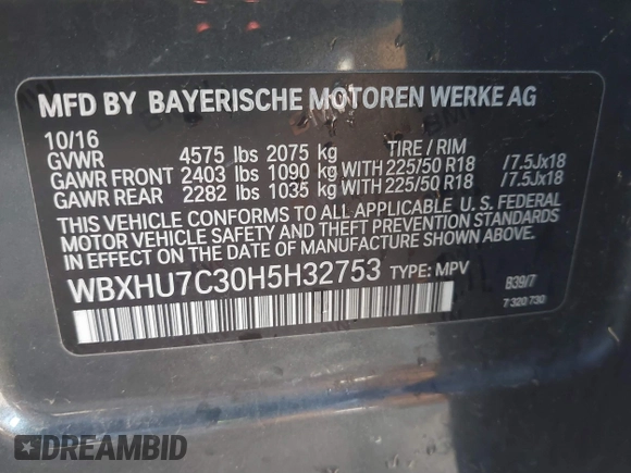 2017 BMW X1 sDrive28i with VIN WBXHU7C30H5H32753, listed as a IAAI auction lot 41441791 with 100,072 mi miles. Bid and sale history available at carsss.com. Image 9.
