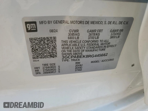 2024 Chevrolet Silverado 1500 Custom with VIN 3GCPABEK8RG445662, listed as a Copart auction lot 54160645 with 1,559 mi miles and Salvage Title. Bid and sale history available at DreamBid. Image 12.