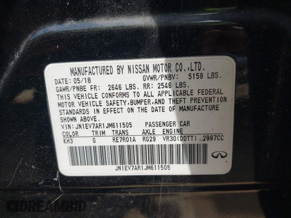 2018 Infiniti Q50 3.0t Luxe with VIN JN1EV7AR1JM611505, listed as a IAAI auction lot 42158718 with 111,495 mi miles. Bid and sale history available at carsss.com. Image 9.