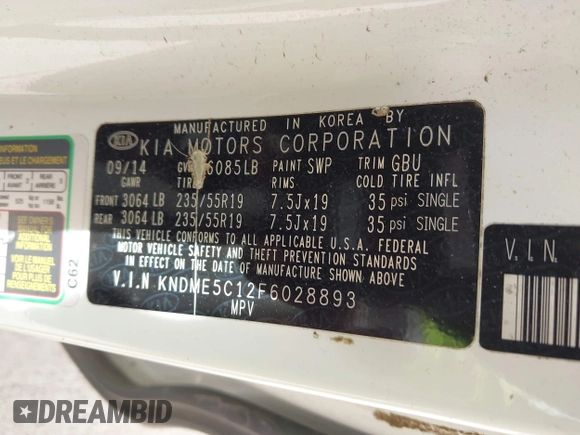 2015 Kia Sedona SX-L with VIN KNDME5C12F6028893, listed as a IAAI auction lot 42109514 with 169,303 mi miles and . Bid and sale history available at DreamBid. Image 9.