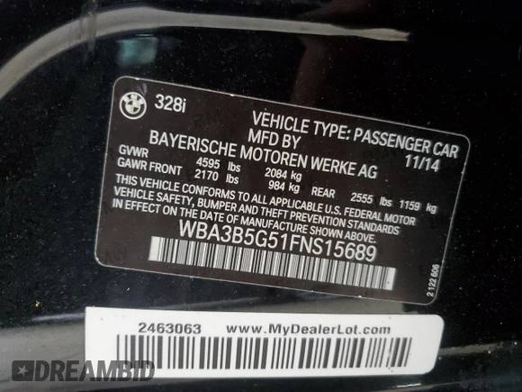 2015 BMW 3 Series 328i xDrive with VIN WBA3B5G51FNS15689, listed as a Copart auction lot 57983565 with Not provided miles and Salvage title. Bid and sale history available at DreamBid. Image 12.