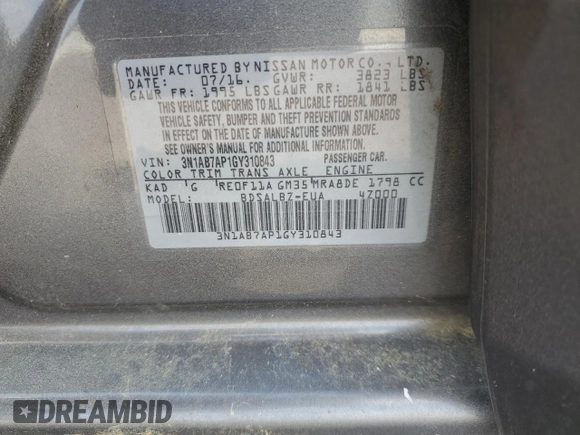 2016 Nissan Sentra SV with VIN 3N1AB7AP1GY310843, listed as a Copart auction lot 54863005 with 99,271 mi miles and Clean Title. Bid and sale history available at DreamBid. Image 12.