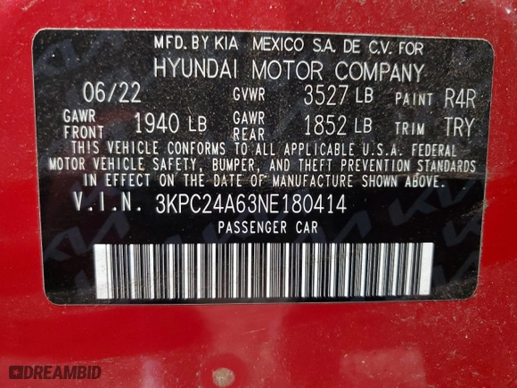 2022 Hyundai Accent SE with VIN 3KPC24A63NE180414, listed as a Copart auction lot 42255385 with 14,254 mi miles and Salvage Title. Bid and sale history available at carsss.com. Image 12.