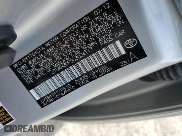 2012 Toyota Prius z VIN JTDKN3DP2C3024113, wystawiony jako Copart lot #56704345 z przebiegiem 112 430 mil mil oraz Czysty tytuł • Clean title. Historia ofert i sprzedaży dostępna na DreamBid. Obrazek 13.