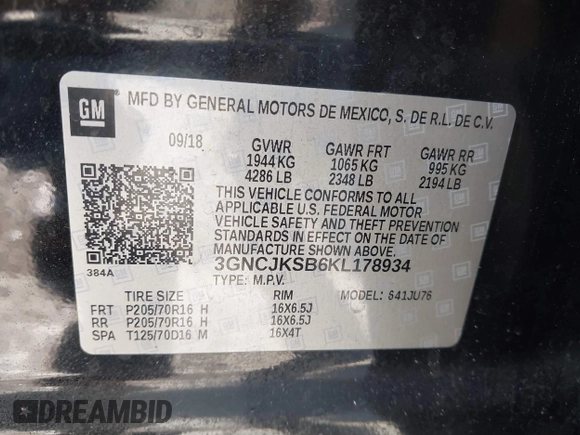 2019 Chevrolet Trax LS with VIN 3GNCJKSB6KL178934, listed as a IAAI auction lot 41772894 with 126,468 mi miles. Bid and sale history available at carsss.com. Image 9.