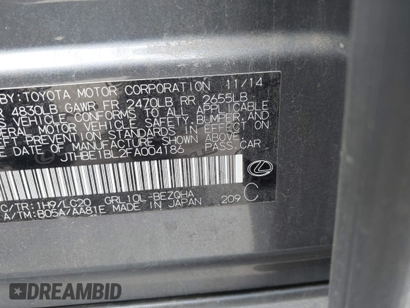 2015 Lexus GS 350 with VIN JTHBE1BL2FA004186, listed as a IAAI auction lot 42136813 with 157,657 mi miles and . Bid and sale history available at DreamBid. Image 9.