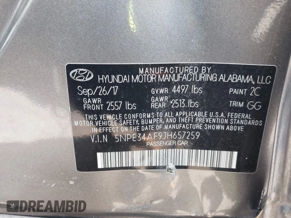 2018 Hyundai Sonata Limited with VIN 5NPE34AF9JH657259, listed as a IAAI auction lot 41601617 with 118,666 mi miles and . Bid and sale history available at DreamBid. Image 9.