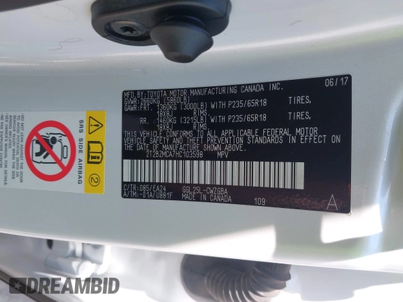 2017 Lexus RX 350 with VIN 2T2BZMCA7HC103598, listed as a IAAI auction lot 42471755 with 101,593 mi miles and . Bid and sale history available at DreamBid. Image 9.