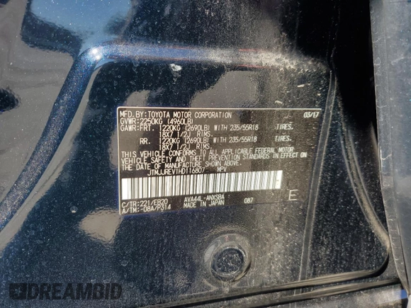2017 Toyota RAV4 SE with VIN JTMJJREV1HD116807, listed as a Copart auction lot 49188335 with 103,190 mi miles and Salvage title. Bid and sale history available at DreamBid. Image 13.