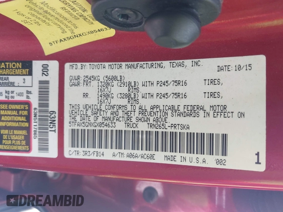 2016 Toyota Tacoma SR5 with VIN 5TFAX5GNXGX054633, listed as a IAAI auction lot 42088863 with 105,184 mi miles and . Bid and sale history available at DreamBid. Image 9.