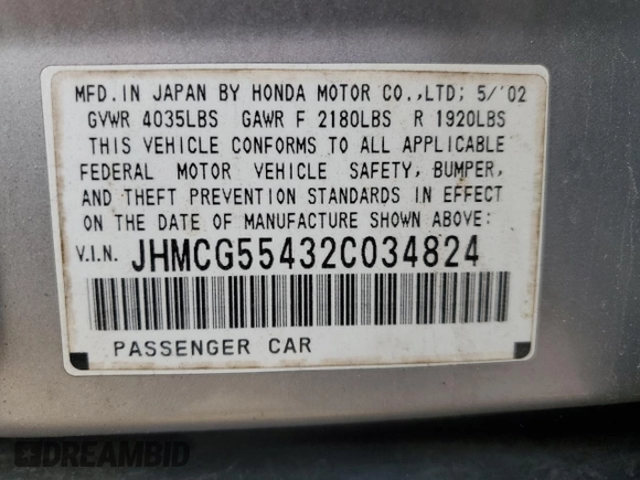 2002 Honda Accord LX z VIN JHMCG55432C034824, wystawiony jako Copart lot #83174914 z przebiegiem 193 883 mil mil oraz Szkoda całkowita • Salvage title. Historia ofert i sprzedaży dostępna na DreamBid. Obrazek 13.