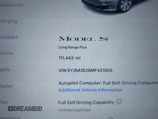 2021 Tesla Model S Long Range Plus with VIN 5YJSA1E28MF421655, listed as a IAAI auction lot 42407234 with 111,443 mi miles and . Bid and sale history available at DreamBid. Image 15.