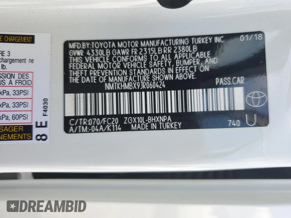 2018 Toyota C-HR XLE with VIN NMTKHMBX9JR060424, listed as a Copart auction lot 57913775 with 104,847 mi miles and Salvage title. Bid and sale history available at DreamBid. Image 13.