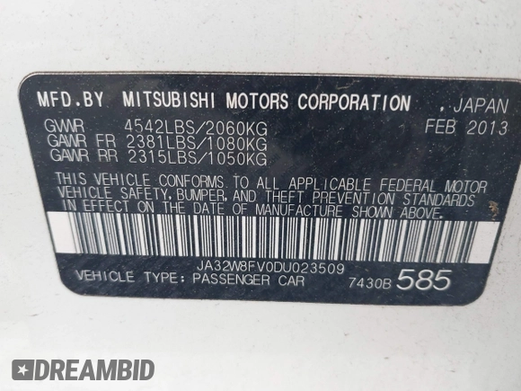 2013 Mitsubishi Lancer Evolution GSR z VIN JA32W8FV0DU023509, wystawiony jako IAAI lot #42222552 z przebiegiem 128 030 mil mil oraz . Historia ofert i sprzedaży dostępna na DreamBid. Obrazek 9.