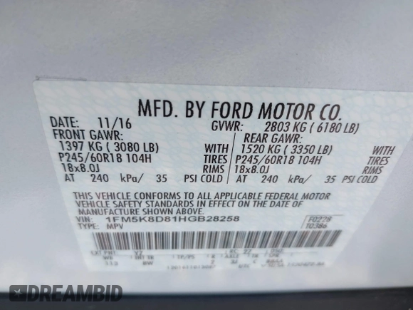 2017 Ford Explorer XLT z VIN 1FM5K8D81HGB28258, wystawiony jako IAAI lot #42613757 z przebiegiem 89 694 mil mil oraz . Historia ofert i sprzedaży dostępna na DreamBid. Obrazek 9.