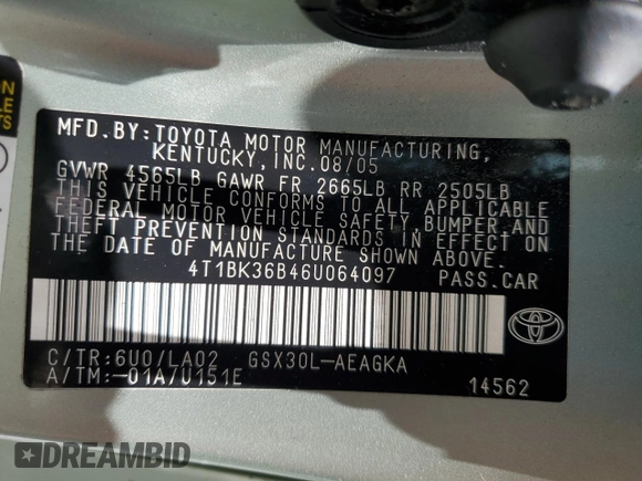 2006 Toyota Avalon XL with VIN 4T1BK36B46U064097, listed as a Copart auction lot 60911025 with 144,814 mi miles and Salvage title. Bid and sale history available at DreamBid. Image 12.