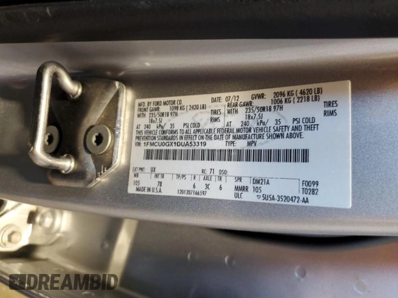 2013 Ford Escape SE with VIN 1FMCU0GX1DUA53319, listed as a Copart auction lot 45741415 with 172,849 mi miles and Salvage Title. Bid and sale history available at DreamBid. Image 14.