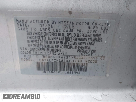 2021 Nissan Versa SV with VIN 3N1CN8EV1ML888948, listed as a IAAI auction lot 39738540 with 5,854 mi miles and . Bid and sale history available at DreamBid. Image 9.