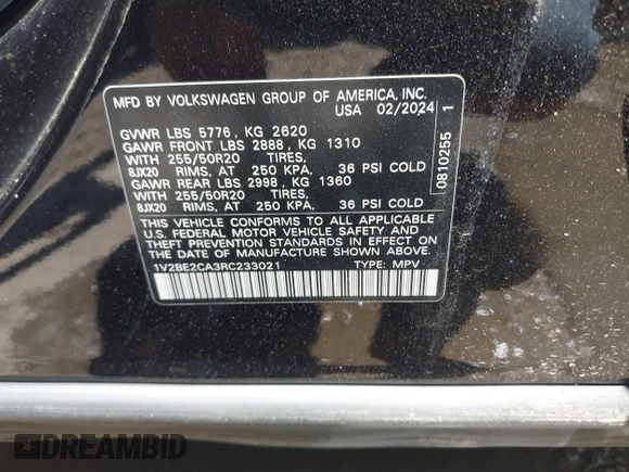2024 Volkswagen Atlas SEL with VIN 1V2BE2CA3RC233021, listed as a IAAI auction lot 42185251 with 23,398 mi miles and . Bid and sale history available at DreamBid. Image 9.
