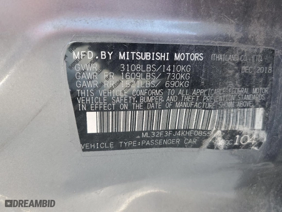 2019 Mitsubishi Mirage G4 ES with VIN ML32F3FJ4KHF08555, listed as a Copart auction lot 87999665 with 60,705 mi miles and Salvage Title. Bid and sale history available at carsss.com. Image 12.