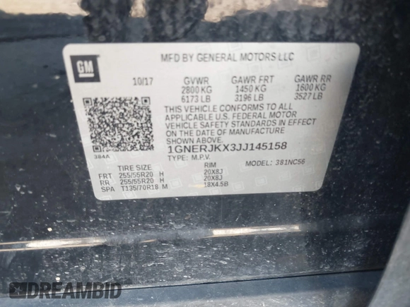 2018 Chevrolet Traverse RS with VIN 1GNERJKX3JJ145158, listed as a IAAI auction lot 41481197 with 158,695 mi miles. Bid and sale history available at carsss.com. Image 9.