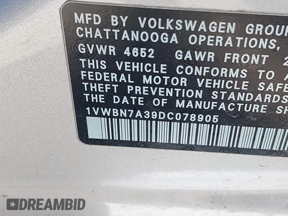 2013 Volkswagen Passat SE with VIN 1VWBN7A39DC078905, listed as a IAAI auction lot 42064537 with 185,853 mi miles and . Bid and sale history available at DreamBid. Image 9.