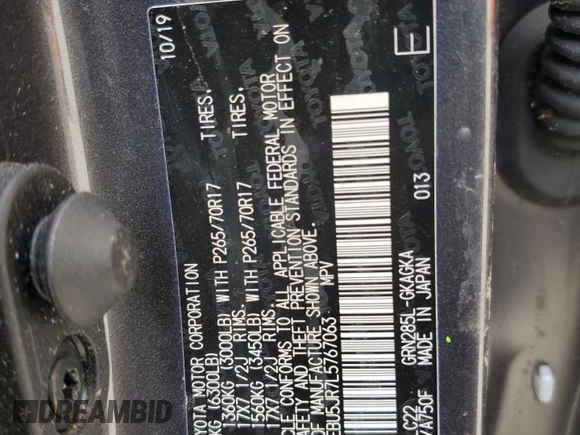 2020 Toyota 4Runner SR5 with VIN JTEBU5JR7L5767063, listed as a Copart auction lot 57969085 with Not provided miles and Salvage title. Bid and sale history available at DreamBid. Image 13.