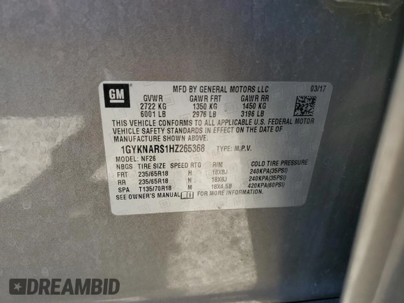 2017 Cadillac XT5 FWD with VIN 1GYKNARS1HZ265368, listed as a Copart auction lot 55365855 with 108,176 mi miles and Salvage title. Bid and sale history available at DreamBid. Image 14.