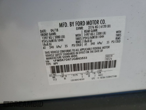 2018 Ford Explorer XLT with VIN 1FM5K7D87JGB63533, listed as a Copart auction lot 61860215 with 80,294 mi miles and Salvage title. Bid and sale history available at DreamBid. Image 13.